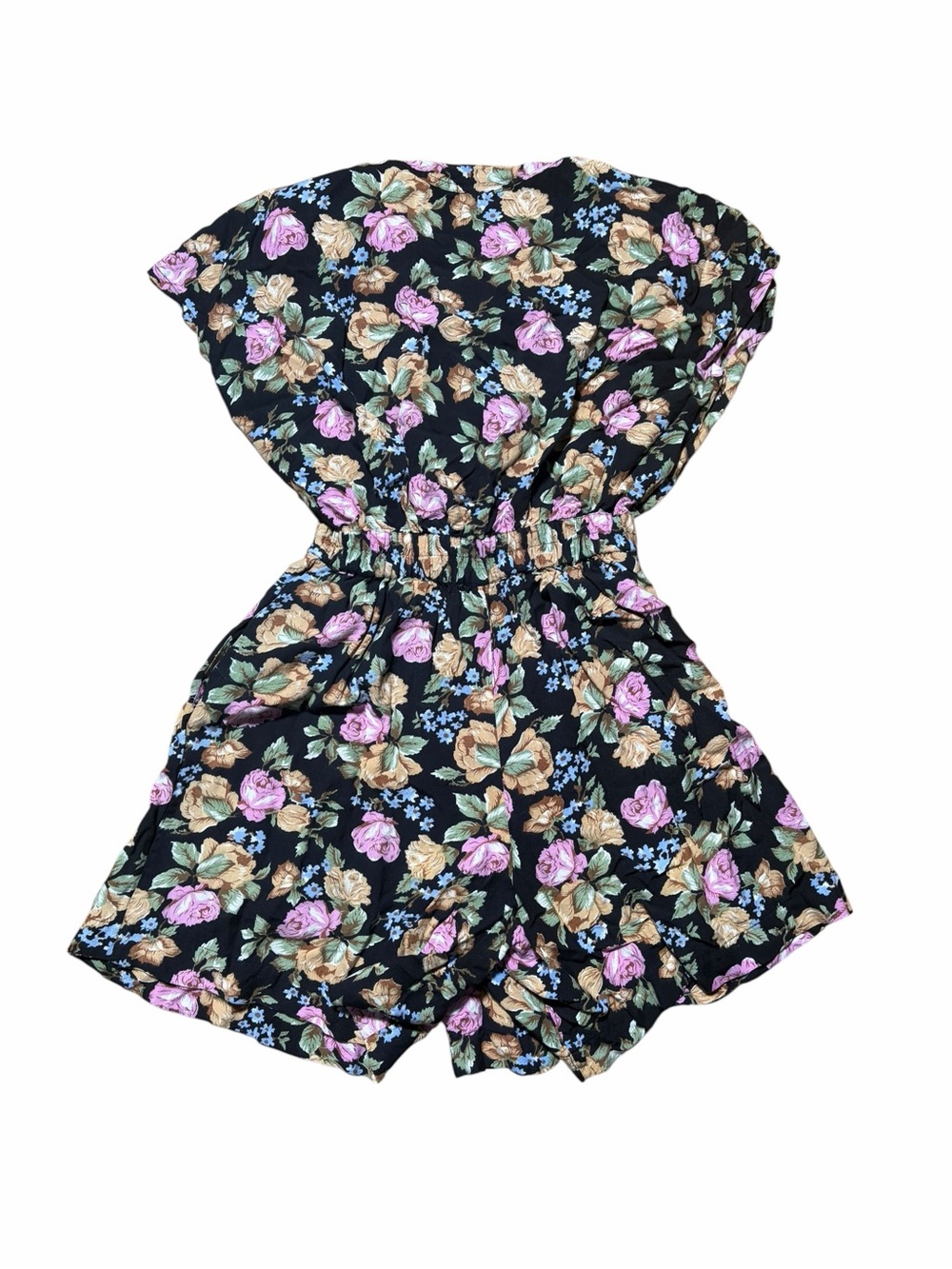Vintage 90’s Floral Elastic-Waist Romper - Black with Pink & Tan Flowers